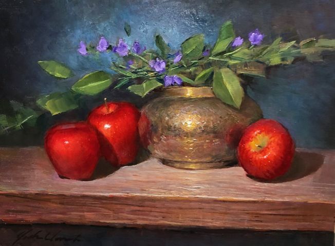 Click to view detail for Three Apples & Brass 9x12